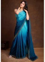 Two Tone Shaded Chinnon Sky Blue Party Wear Swarovski Work Saree